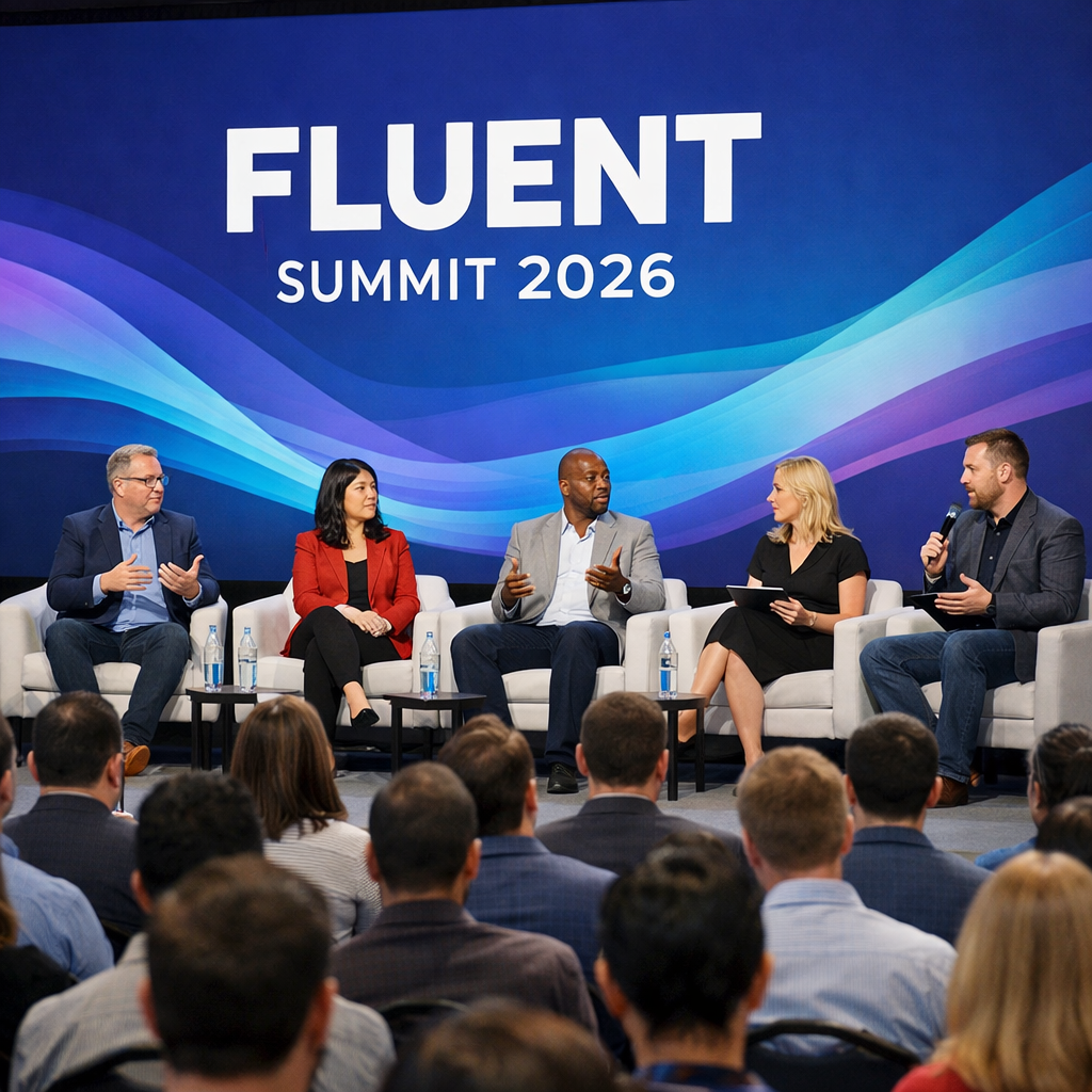 photographic large Conference Discussion with Fluent Summit 2026 on the background screen